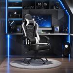 Yaheetech Gaming Chair, Ergonomic Racing Gaming Chair with Massage Lumbar Pillow, High-Back Office Chair with Slide-Out Footrest and Padded Linkage Armrests for Adults (Black/White)