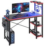 Bestier 113CM Reversible Corner Gaming Desk with RGB LED Lights, Black Carbon Fibre Surface, Storage Shelves, Side Pocket & Hooks, Compact Computer Desk for Small Spaces & Home Office