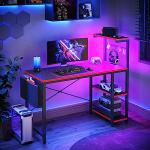 Bestier 113CM Reversible Corner Gaming Desk with RGB LED Lights, Black Carbon Fibre Surface, Storage Shelves, Side Pocket & Hooks, Compact Computer Desk for Small Spaces & Home Office