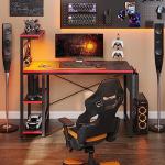 Bestier 113CM Reversible Corner Gaming Desk with RGB LED Lights, Black Carbon Fibre Surface, Storage Shelves, Side Pocket & Hooks, Compact Computer Desk for Small Spaces & Home Office