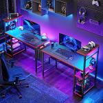 Bestier 113CM Reversible Corner Gaming Desk with RGB LED Lights, Black Carbon Fibre Surface, Storage Shelves, Side Pocket & Hooks, Compact Computer Desk for Small Spaces & Home Office