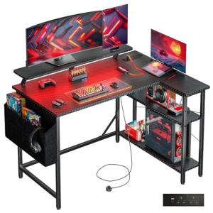 DOMSHOCT L Shaped Gaming Desk with LED Lights & Power Outlets, 100 * 80cm Small Corner Computer Table with Storage Bag, Adjustable Shelves & Monitor Stand, Home Office Study Workstation, Carbon Black