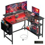 DOMSHOCT L Shaped Gaming Desk with LED Lights & Power Outlets, 100 * 80cm Small Corner Computer Table with Storage Bag, Adjustable Shelves & Monitor Stand, Home Office Study Workstation, Carbon Black