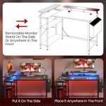 DOMSHOCT L Shaped Gaming Desk with LED Lights & Power Outlets, 100 * 80cm Small Corner Computer Table with Storage Bag, Adjustable Shelves & Monitor Stand, Home Office Study Workstation, Carbon Black