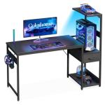 Coleshome 120×48 cm Gaming Desk with LED Lights, Reversible Computer Desk with Drawers & Display Shelves, Gaming Table with Headphone Hook, Carbon Fiber Black