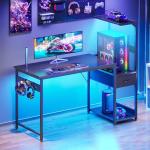 Coleshome 120×48 cm Gaming Desk with LED Lights, Reversible Computer Desk with Drawers & Display Shelves, Gaming Table with Headphone Hook, Carbon Fiber Black
