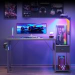 Coleshome 120×48 cm Gaming Desk with LED Lights, Reversible Computer Desk with Drawers & Display Shelves, Gaming Table with Headphone Hook, Carbon Fiber Black