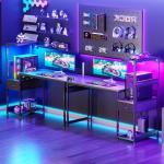 Coleshome 120×48 cm Gaming Desk with LED Lights, Reversible Computer Desk with Drawers & Display Shelves, Gaming Table with Headphone Hook, Carbon Fiber Black