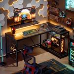 Bestier 132.5CM L-Shaped Workstation with Carbon Fibre Surface, 3 Power Outlets & 2 USB Ports, LED Strip Lights – Reversible Corner Unit with Shelves & Hooks for Home Office & Gaming