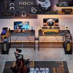 Bestier 132.5CM L-Shaped Workstation with Carbon Fibre Surface, 3 Power Outlets & 2 USB Ports, LED Strip Lights – Reversible Corner Unit with Shelves & Hooks for Home Office & Gaming