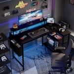 Grandder L Shaped Desk with LED Lights & Power Outlets, 100 cm Gaming Desk with 2 Shelves, Computer Table with Monitor Stand, Home Office, Carbon Black