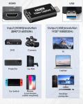 HDM to USB 2.0 Video Capture Card, 4K/1080p Audio Capture Device Output Record Audio Grabber for Live Broadcasts Streaming Conferencing Gaming Video Recording for Switch PS4 PS5 Xbox OBS PC Laptop