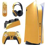 PlayVital Full Set Skin Decal for ps5 Console Disc Edition + Controller + Charging Station + Headset + Media Remote, Premium Vinyl Sticker, Chrome Gold Glossy