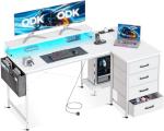 ODK L Shaped Gaming Desk with LED Lights & Power Outlets, 140x80cm Corner Computer Desk with Drawers, Reversible Gaming Table with Monitor Shelf & PC Stand, White