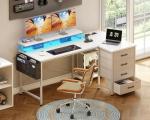 ODK L Shaped Gaming Desk with LED Lights & Power Outlets, 140x80cm Corner Computer Desk with Drawers, Reversible Gaming Table with Monitor Shelf & PC Stand, White