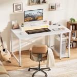 iSunirm Gaming Desk with LED Lights & Power Outlet, Reversible Computer Desk with Moveable Monitor Stand, 100x75x50CM Office Desk with USB Charging Station for Home, Bedroom, Study, White