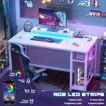 iSunirm Gaming Desk with LED Lights & Power Outlet, Reversible Computer Desk with Moveable Monitor Stand, 100x75x50CM Office Desk with USB Charging Station for Home, Bedroom, Study, White