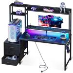 Coleshome Gaming Desk with Drawers & Display Shelves, 120×48 cm Computer Desk with LED Lights & Sockets, Reversible PC Gaming Table with Monitor Stand, Carbon Fiber Black