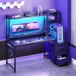 Coleshome Gaming Desk with Drawers & Display Shelves, 120×48 cm Computer Desk with LED Lights & Sockets, Reversible PC Gaming Table with Monitor Stand, Carbon Fiber Black