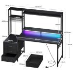 Coleshome Gaming Desk with Drawers & Display Shelves, 120×48 cm Computer Desk with LED Lights & Sockets, Reversible PC Gaming Table with Monitor Stand, Carbon Fiber Black