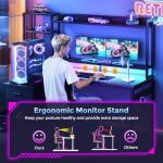 Coleshome Gaming Desk with Drawers & Display Shelves, 120×48 cm Computer Desk with LED Lights & Sockets, Reversible PC Gaming Table with Monitor Stand, Carbon Fiber Black