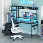 Coleshome Gaming Desk with Drawers & Display Shelves, 120×48 cm Computer Desk with LED Lights & Sockets, Reversible PC Gaming Table with Monitor Stand, Carbon Fiber Black