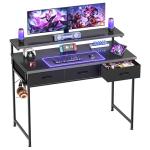 HOMIDEC Gaming Desk with Adjustable Monitor Stand, Computer Office Desk with 3 Storage Drawers, Gaming Table with Headphone Hook, Carbon Fibre Surface, for Gamers, Workers and Students, Black, 100cm