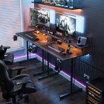 CAIYUN Small Gaming Desk with LED & Power Outlets, 80 x 50 cm Computer Desk with Full Monitor Stand, Carbon Fiber Gaming Table for Home Office, Metal Frame, Black