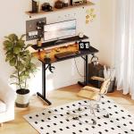 CAIYUN Small Gaming Desk with LED & Power Outlets, 80 x 50 cm Computer Desk with Full Monitor Stand, Carbon Fiber Gaming Table for Home Office, Metal Frame, Black