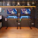 CAIYUN Small Gaming Desk with LED & Power Outlets, 80 x 50 cm Computer Desk with Full Monitor Stand, Carbon Fiber Gaming Table for Home Office, Metal Frame, Black