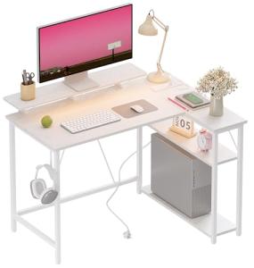 Xyphren L Shaped Gaming Desk with RGB LED Lights & Power Outlets, Small Computer Desk with Adjustable Shelves, Corner Office Desk for Study Workstation, 100x80 cm with RGB Lights, White