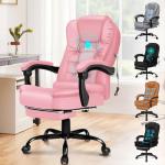 ELFORDSON Pink Office Chair for Home Office, Massage Office Chairs with Footrest, High Back Comfy Gaming Chair, PU leather Swivel 150° Recliner for Heavy-duty Adults