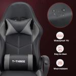 T-THREE.High-back ergonomic gaming chair, computer, office, desk chair, swivel seat, racing-style seat with 150kg weight capacity.(Grey)