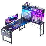 Coleshome L Shaped Gaming Desk with Led Lights, 130×100 cm Reversible Corner Computer Desk with Display Shelves, PC Gaming Table with Storage Bag Black