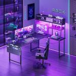 Coleshome L Shaped Gaming Desk with Led Lights, 130×100 cm Reversible Corner Computer Desk with Display Shelves, PC Gaming Table with Storage Bag Black