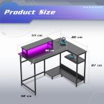 DEVAISE L Shaped Gaming Desk with Power Outlets & RGB LED Lights, 111CM Gaming Desk with Monitor Stand & Hook, Corner Desks with Storage Shelf for Home Office & Small Spaces, Black