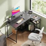 DEVAISE L Shaped Gaming Desk with Power Outlets & RGB LED Lights, 111CM Gaming Desk with Monitor Stand & Hook, Corner Desks with Storage Shelf for Home Office & Small Spaces, Black