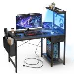 Grandder Gaming Desk 100 x 50 cm with Power Outlet and LED Light, Pc Small Computer Desk with Reversible Shelves and Storage Drawer, Pc Small Table for Home Office Table with Bag, Black