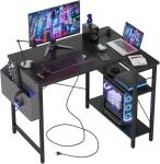 BEXEVUE L Shaped Gaming Desk with Power Outlets, 100x70 cm Computer Desk with Storage Bag, Office Desk Small Writing Table with Large Reversible Storage Shelves, Workstation Study Home Office, Black