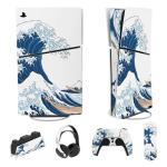 PlayVital Full Set Skin Sticker for ps5 Slim Console Digital Edition (The New Smaller Design), Vinyl Skin for ps5 Controller & Headset & Charging Station & Media Remote - The Great Wave off Kanagawa
