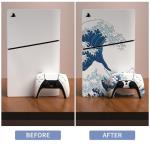 PlayVital Full Set Skin Sticker for ps5 Slim Console Digital Edition (The New Smaller Design), Vinyl Skin for ps5 Controller & Headset & Charging Station & Media Remote - The Great Wave off Kanagawa