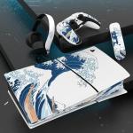 PlayVital Full Set Skin Sticker for ps5 Slim Console Digital Edition (The New Smaller Design), Vinyl Skin for ps5 Controller & Headset & Charging Station & Media Remote - The Great Wave off Kanagawa