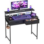 HOMIDEC Gaming Desk with Adjustable Monitor Stand, Computer Office Desk with 2 Storage Drawers, Gaming Table with Headphone Hook, Carbon Fibre Surface, for Gamers, Workers and Students, Black, 80cm