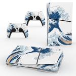 PlayVital Full Set Skin Sticker for ps5 Slim Console Digital Edition (The New Smaller Design), Vinyl Skin for ps5 Controller & Headset & Charging Station & Media Remote - The Great Wave off Kanagawa