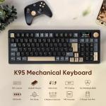 RedThunder K95 Wireless Mechanical Gaming Keyboard,w/Customizable Display & Knob,Gasket-Mounted,3 Mode 2.4G/BT/USB-C,UK Layout 96 Keys,Hot Swappable Pink Switch PBT Keycaps,8000mAh Battery（Black Gold）