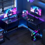 JUMMICO L Shaped Gaming Desk with Large Monitor Stand 120x120x75cm,Corner Desk for Home Office Study Writing Workstation, Carbon Fibre Black