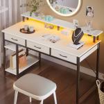 Rolanstar 100cm Computer Desk with Monitor Stand & Storage - 3 Fabric Drawers, 2 Shelves, Gaming Desk with LED Lights & Power Outlets, Home Office Desk, Study Writing Table for Work Play(White)