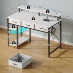 Rolanstar 100cm Computer Desk with Monitor Stand & Storage - 3 Fabric Drawers, 2 Shelves, Gaming Desk with LED Lights & Power Outlets, Home Office Desk, Study Writing Table for Work Play(White)