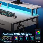 Rolanstar 100cm Computer Desk with Monitor Stand & Storage - 3 Fabric Drawers, 2 Shelves, Gaming Desk with LED Lights & Power Outlets, Home Office Desk, Study Writing Table for Work Play(White)