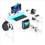 DEVAISE L Shaped Gaming Desk with Power Outlets & RGB LED Lights, 122CM Gaming Desk with Monitor Stand & Hook, Corner Desks with Storage Shelf for Home Office & Small Spaces, White